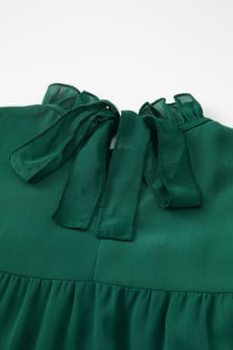 image-Green Puff Sleeve Mock Neck Back Knot Tiered Dress