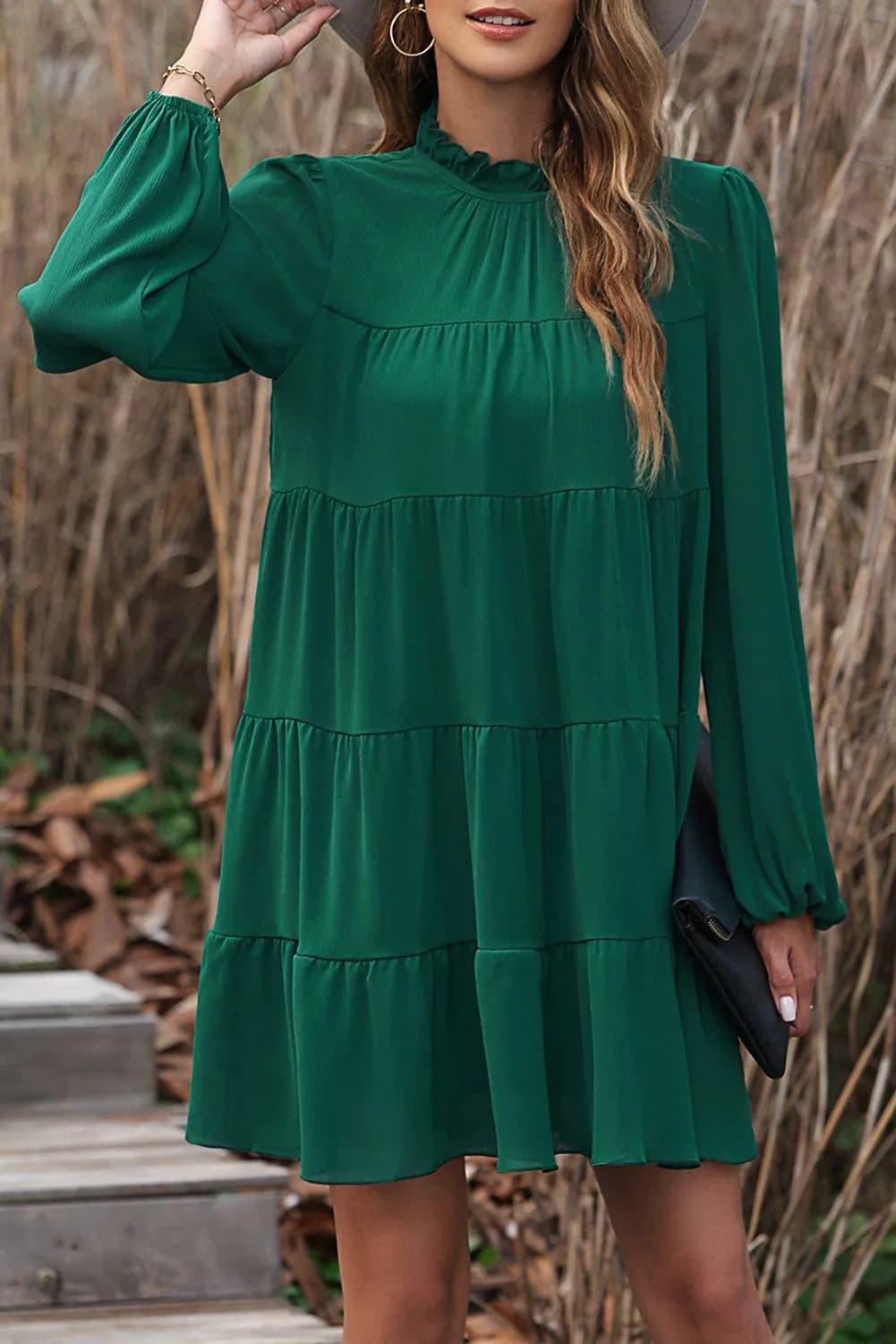 image-Green Puff Sleeve Mock Neck Back Knot Tiered Dress