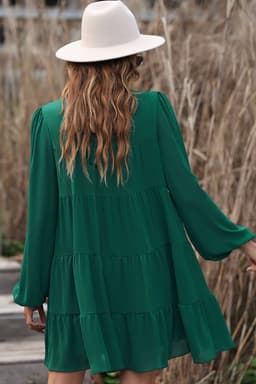 image-Green Puff Sleeve Mock Neck Back Knot Tiered Dress