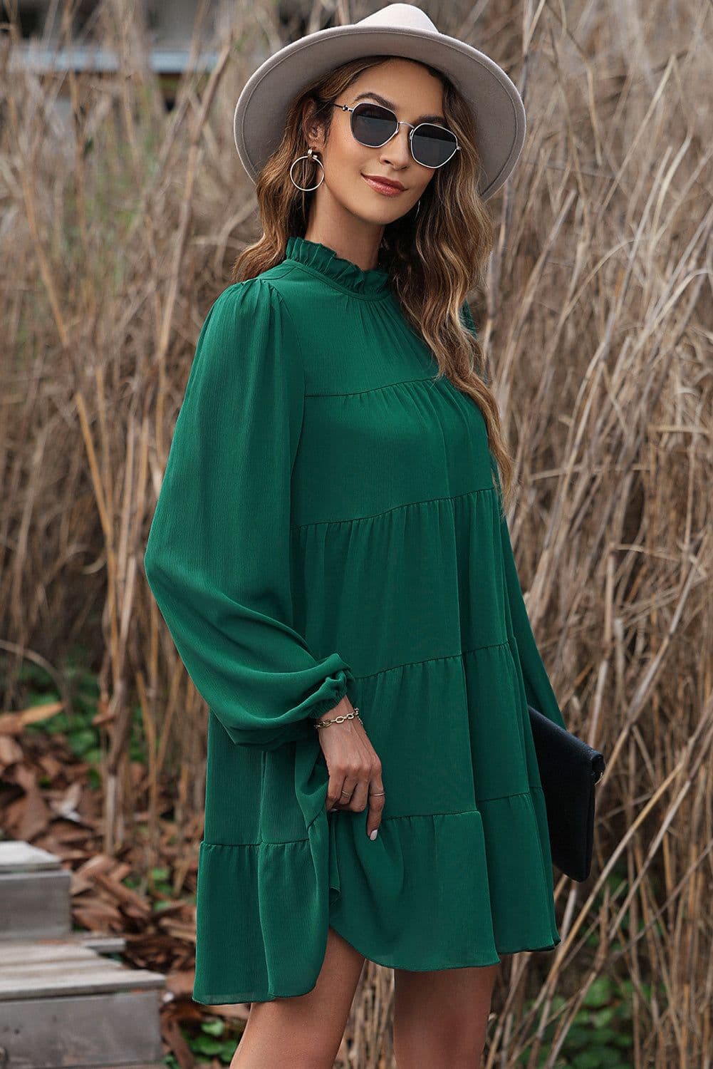 image-Green Puff Sleeve Mock Neck Back Knot Tiered Dress