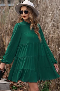 image-Green Puff Sleeve Mock Neck Back Knot Tiered Dress