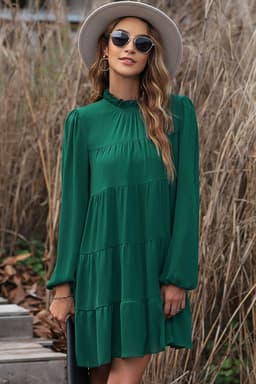image-Green Puff Sleeve Mock Neck Back Knot Tiered Dress