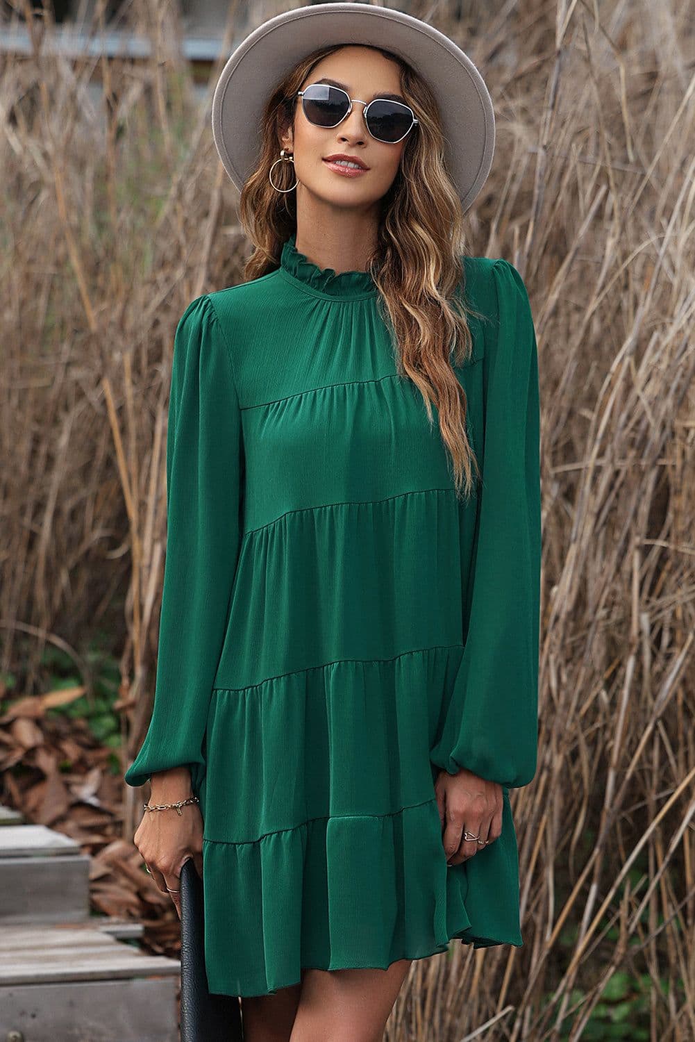 image-Green Puff Sleeve Mock Neck Back Knot Tiered Dress