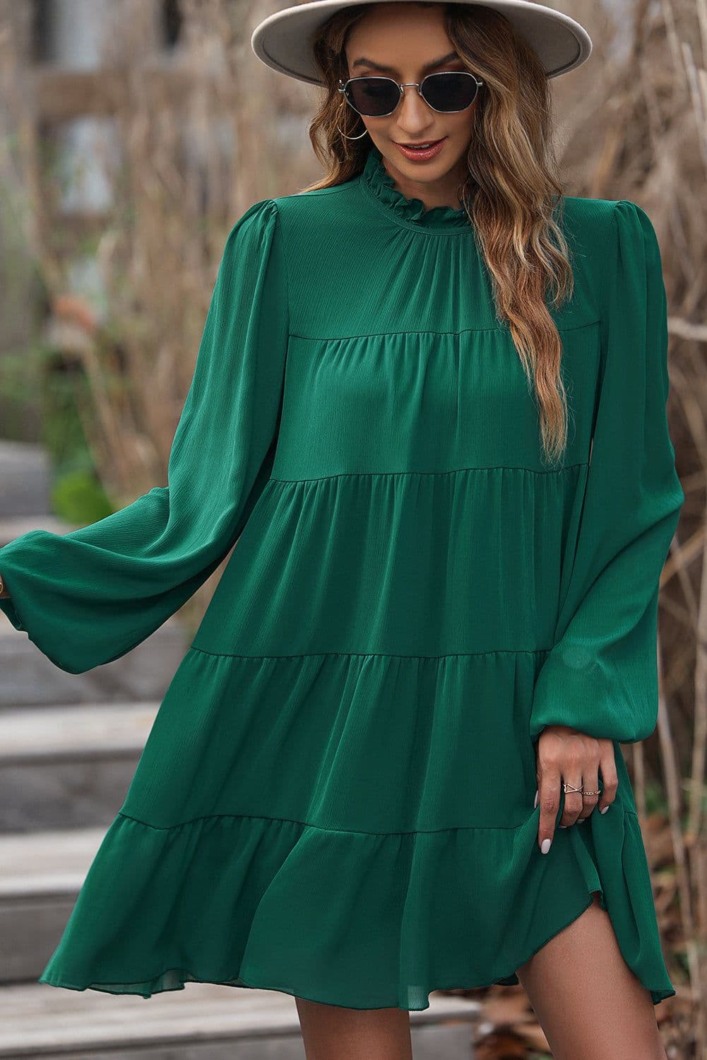 image-Green Puff Sleeve Mock Neck Back Knot Tiered Dress