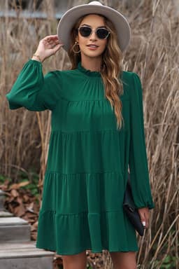 image-Green Puff Sleeve Mock Neck Back Knot Tiered Dress