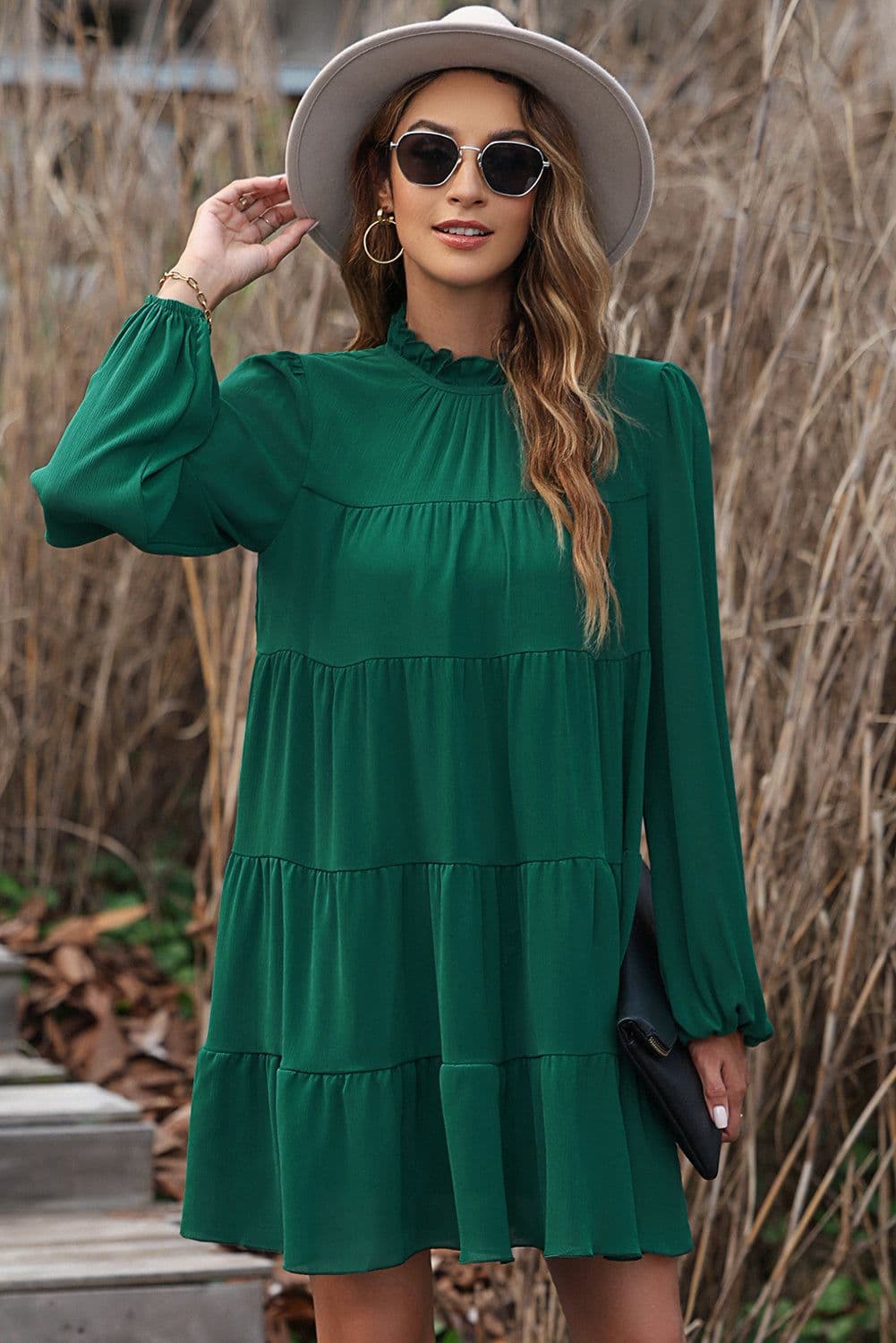 image-Green Puff Sleeve Mock Neck Back Knot Tiered Dress