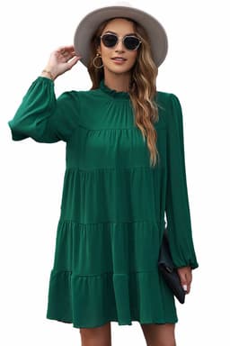 image-Green Puff Sleeve Mock Neck Back Knot Tiered Dress