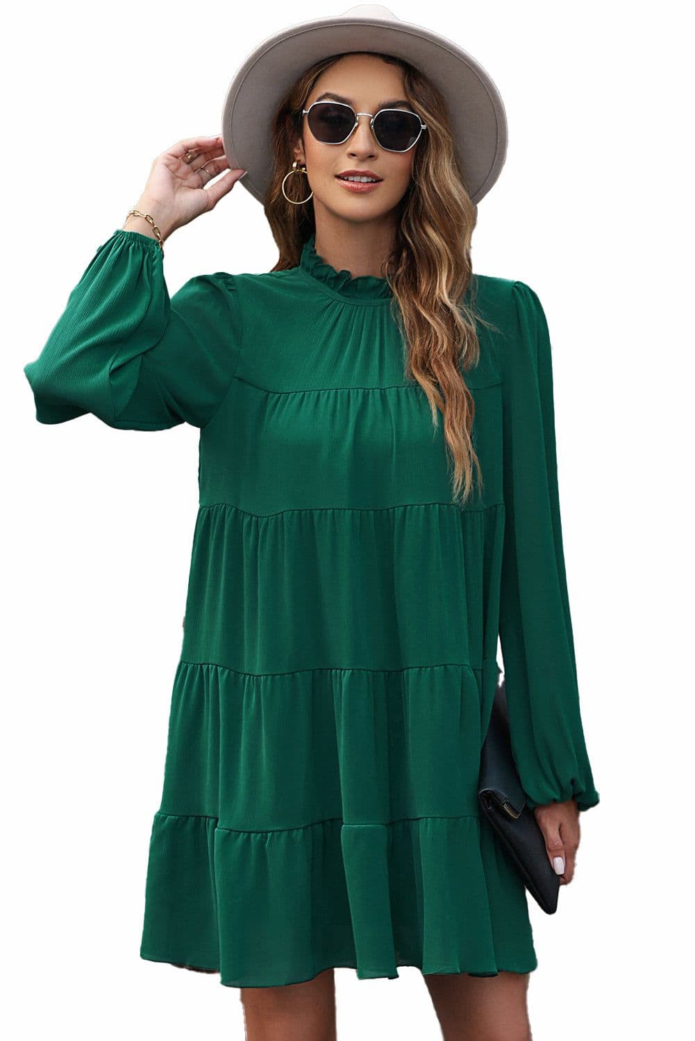 image-Green Puff Sleeve Mock Neck Back Knot Tiered Dress