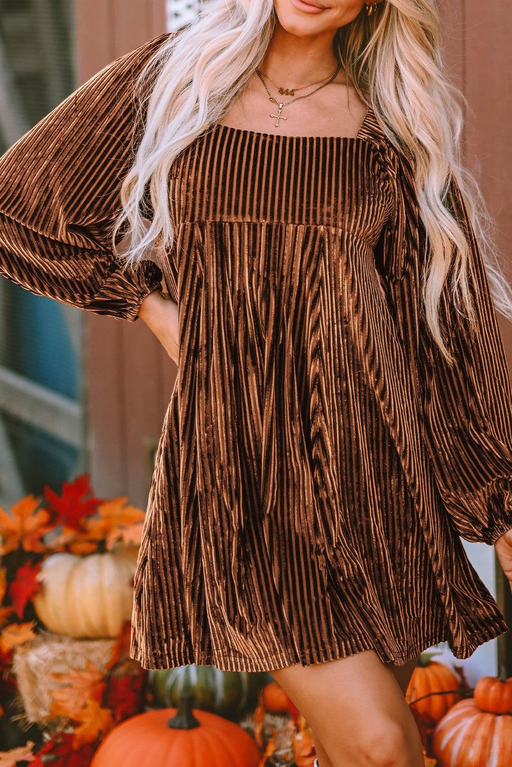 image-Brown Tie Back Square Neck Velvet Babydoll Dress