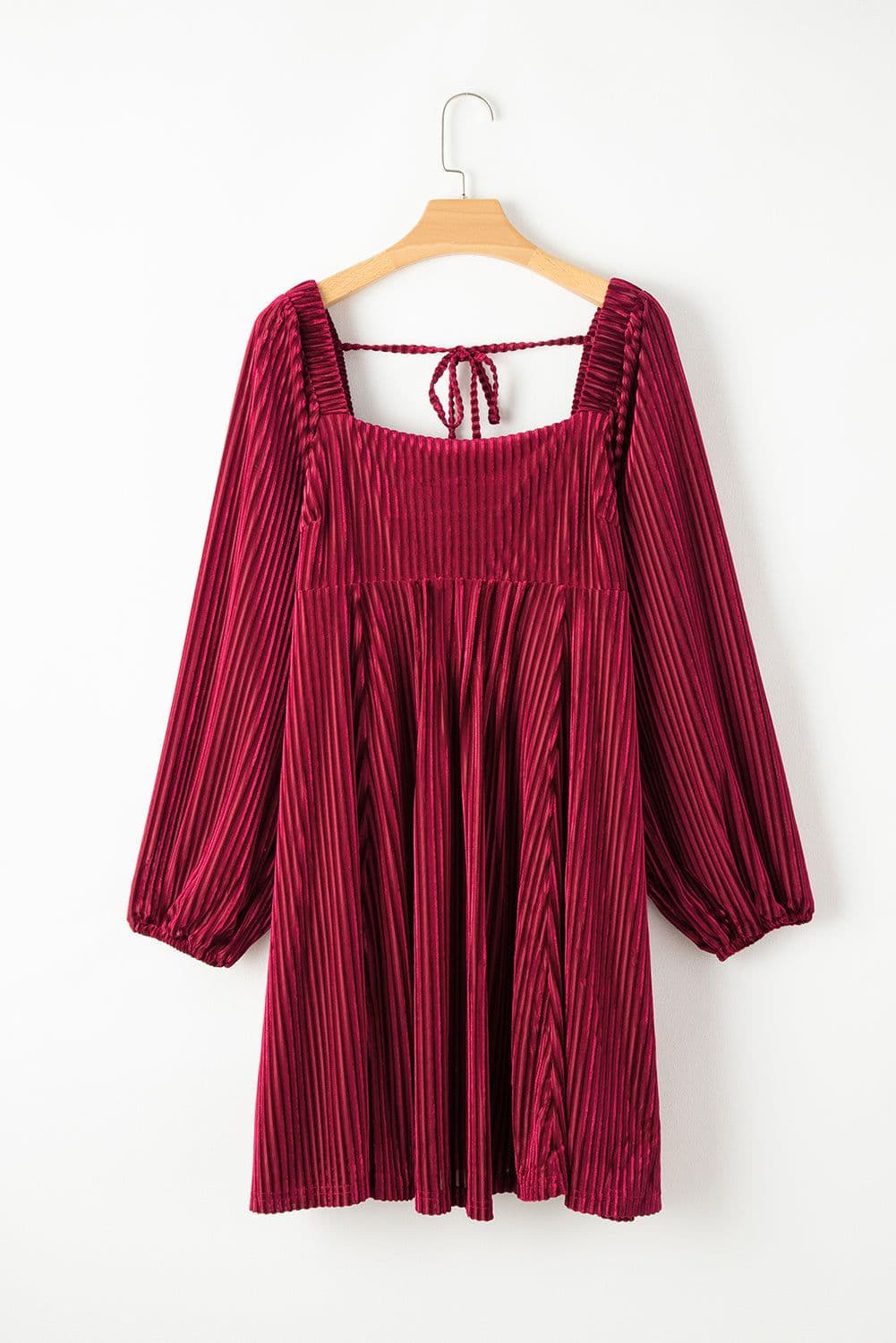 image-Brown Tie Back Square Neck Velvet Babydoll Dress