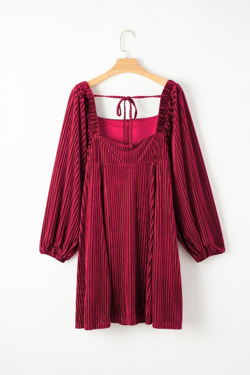 image-Brown Tie Back Square Neck Velvet Babydoll Dress