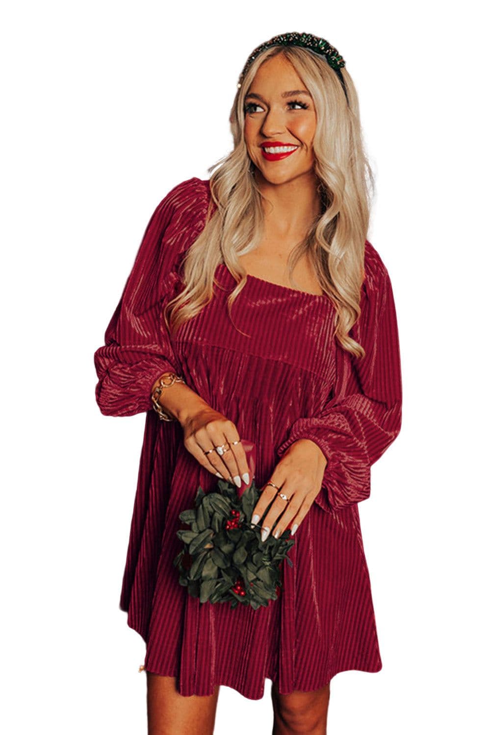 image-Brown Tie Back Square Neck Velvet Babydoll Dress