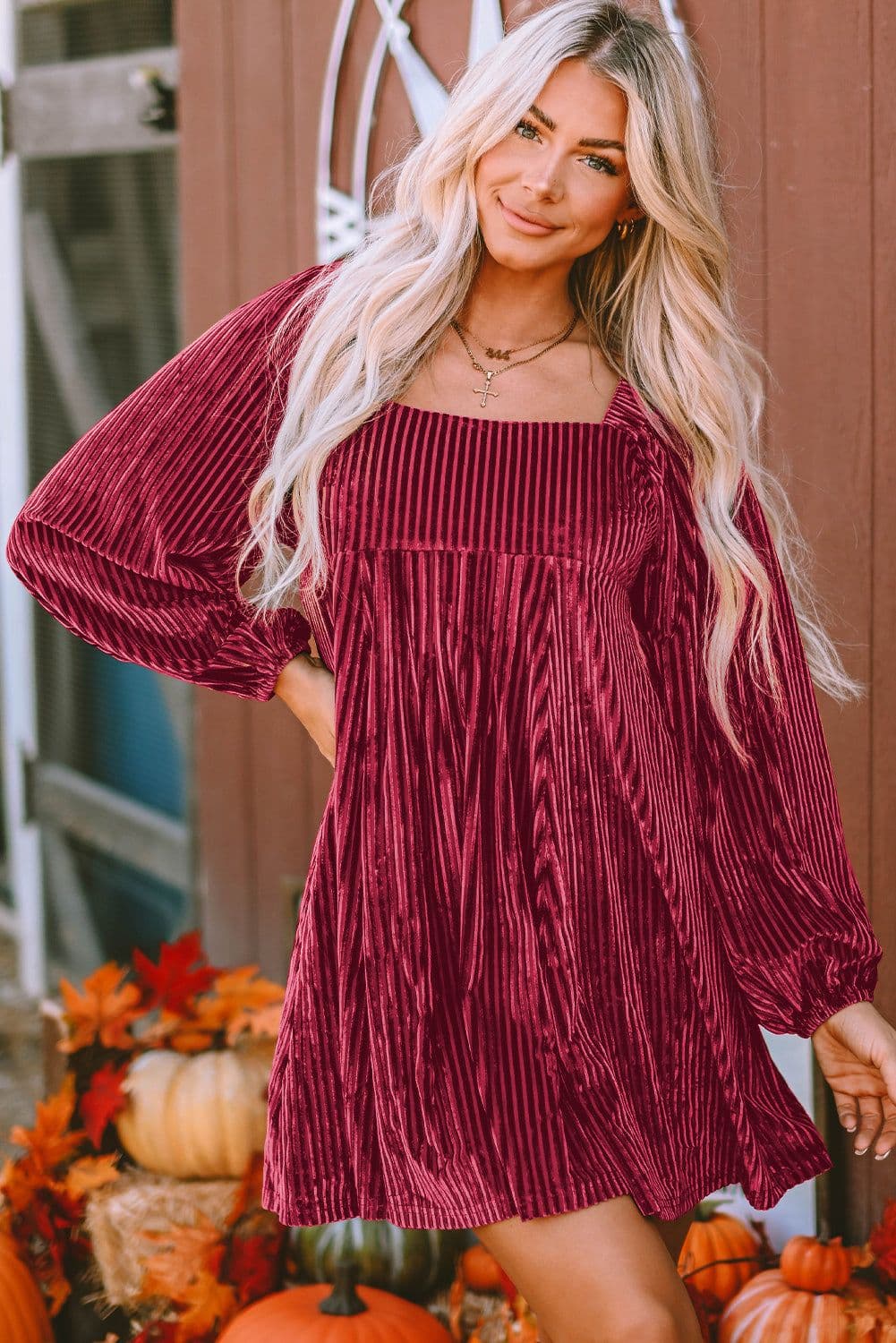 image-Brown Tie Back Square Neck Velvet Babydoll Dress