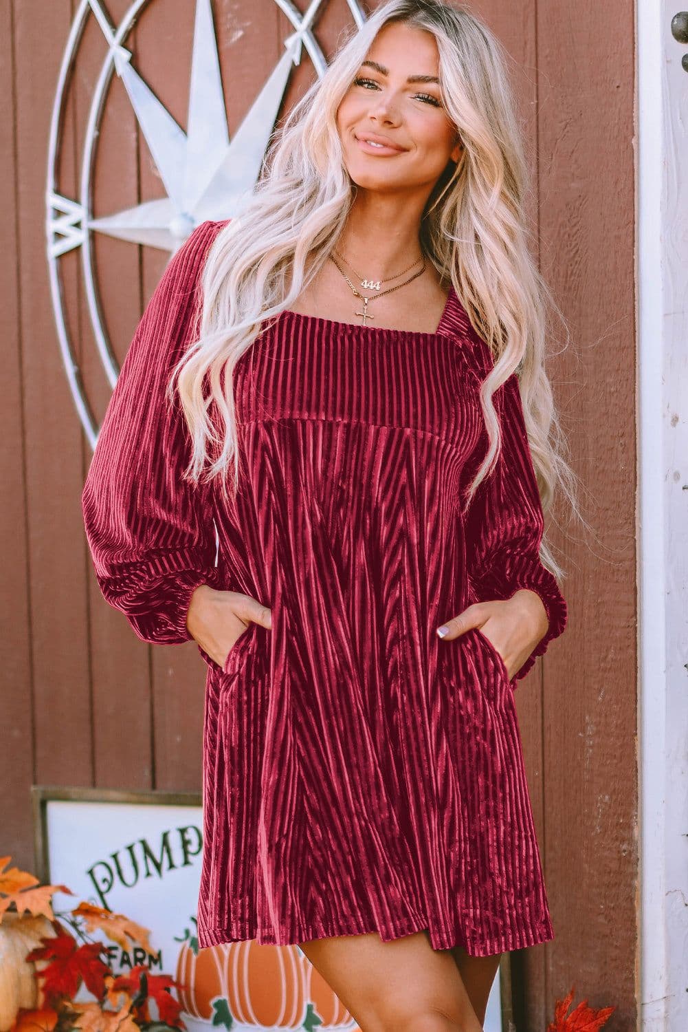 image-Brown Tie Back Square Neck Velvet Babydoll Dress