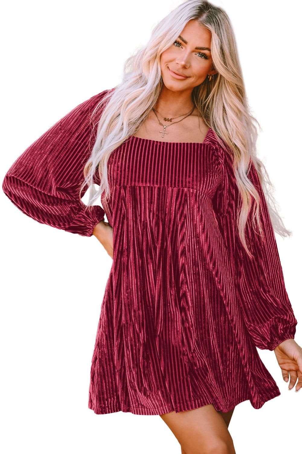 image-Brown Tie Back Square Neck Velvet Babydoll Dress