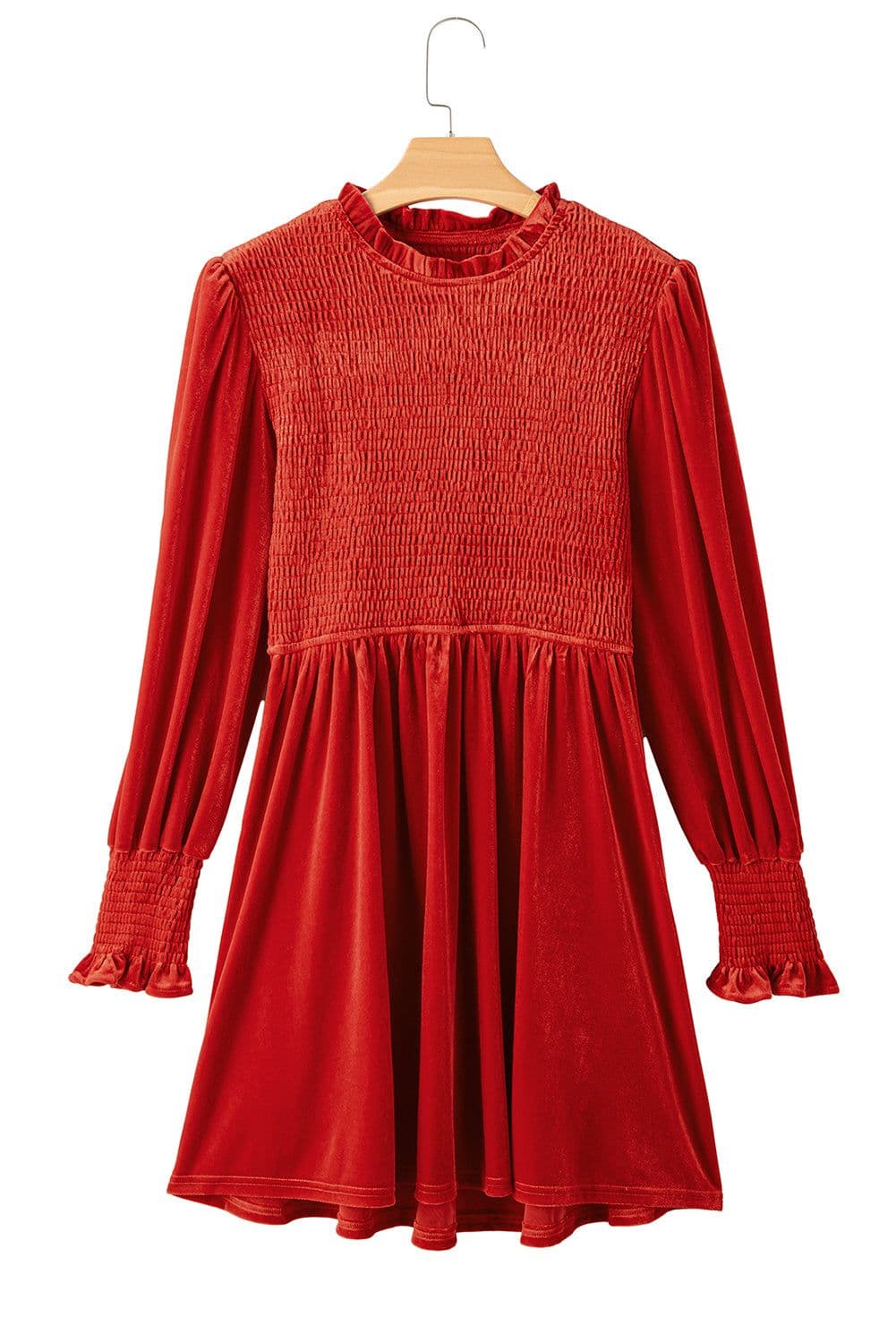 image-Black Frilled Neck Smocked Bodice Velvet Dress