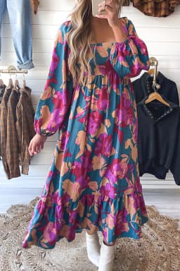 image-Multicolour Floral Print Square Neck Ruffled High Waist Dress