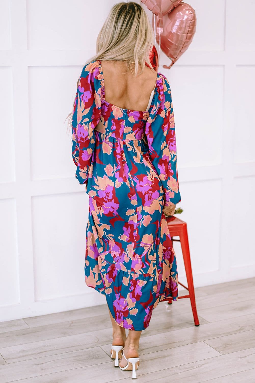 image-Multicolour Floral Print Square Neck Ruffled High Waist Dress