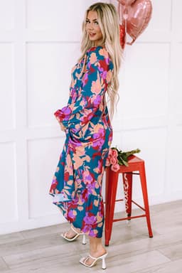 image-Multicolour Floral Print Square Neck Ruffled High Waist Dress