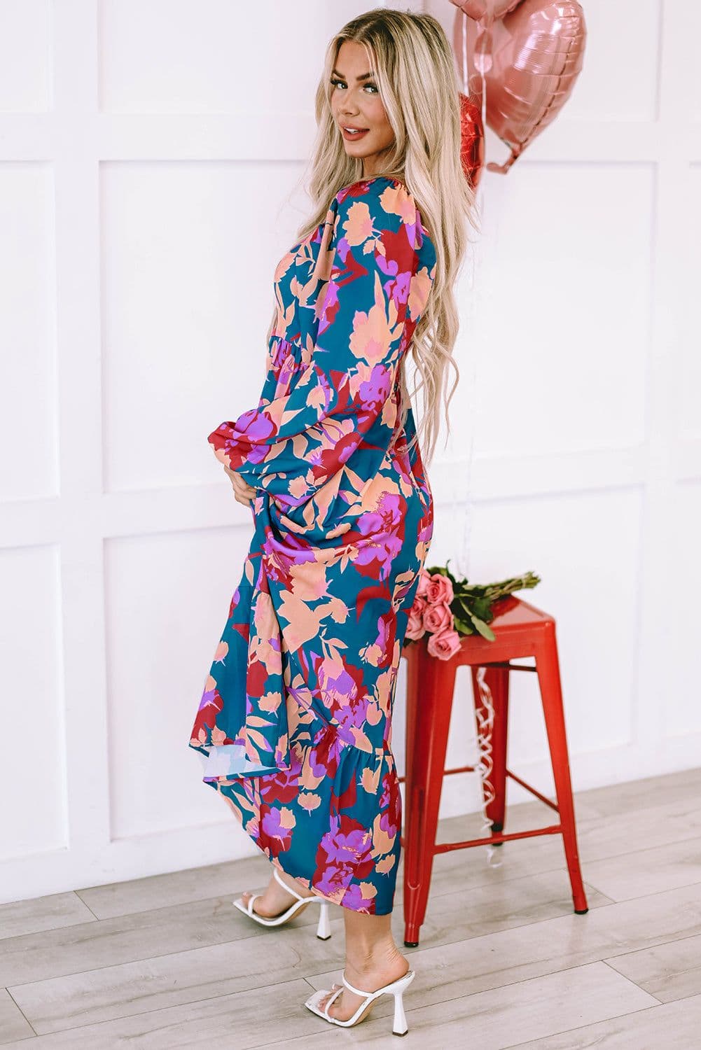image-Multicolour Floral Print Square Neck Ruffled High Waist Dress