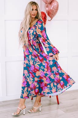 image-Multicolour Floral Print Square Neck Ruffled High Waist Dress