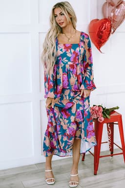 image-Multicolour Floral Print Square Neck Ruffled High Waist Dress