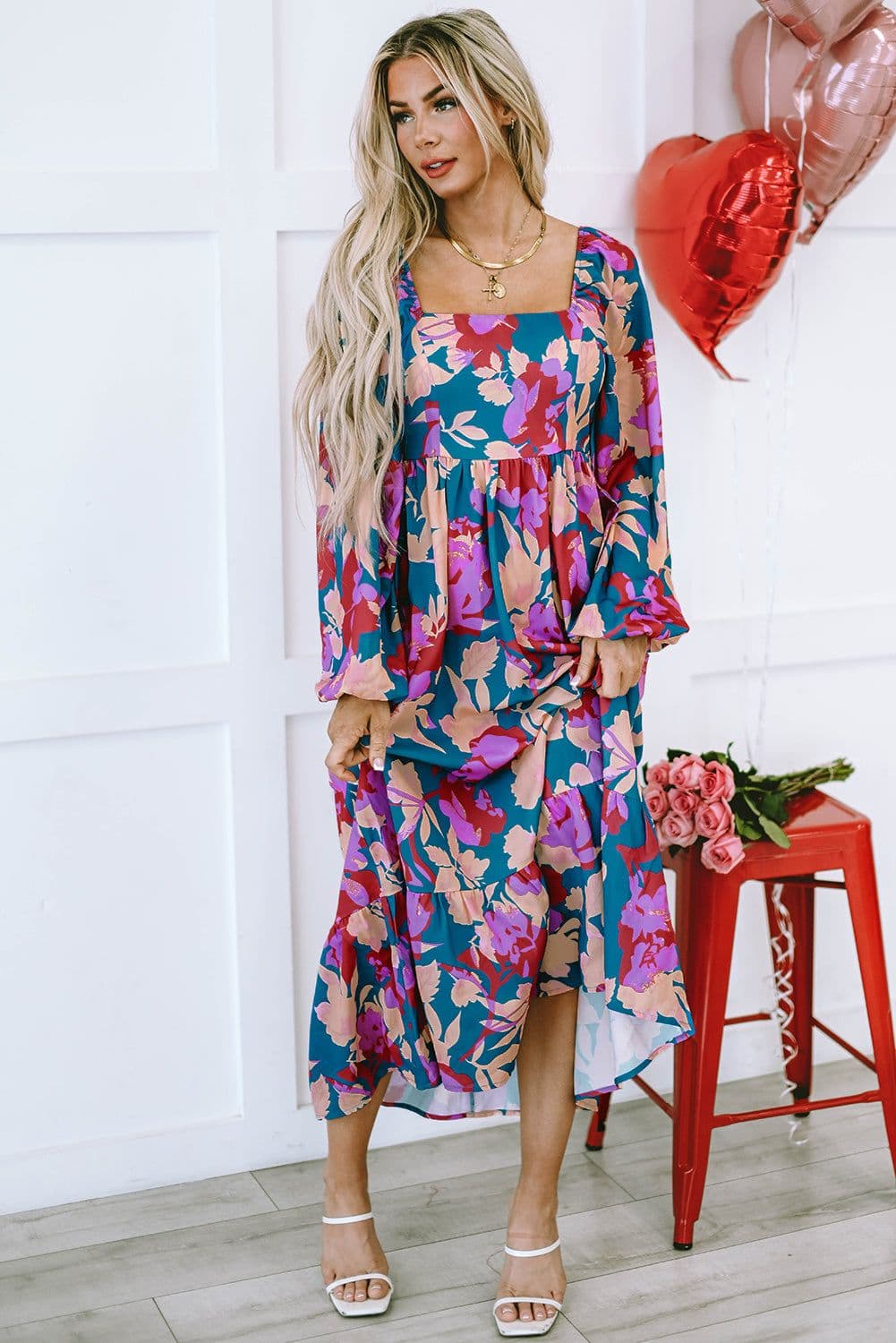 image-Multicolour Floral Print Square Neck Ruffled High Waist Dress