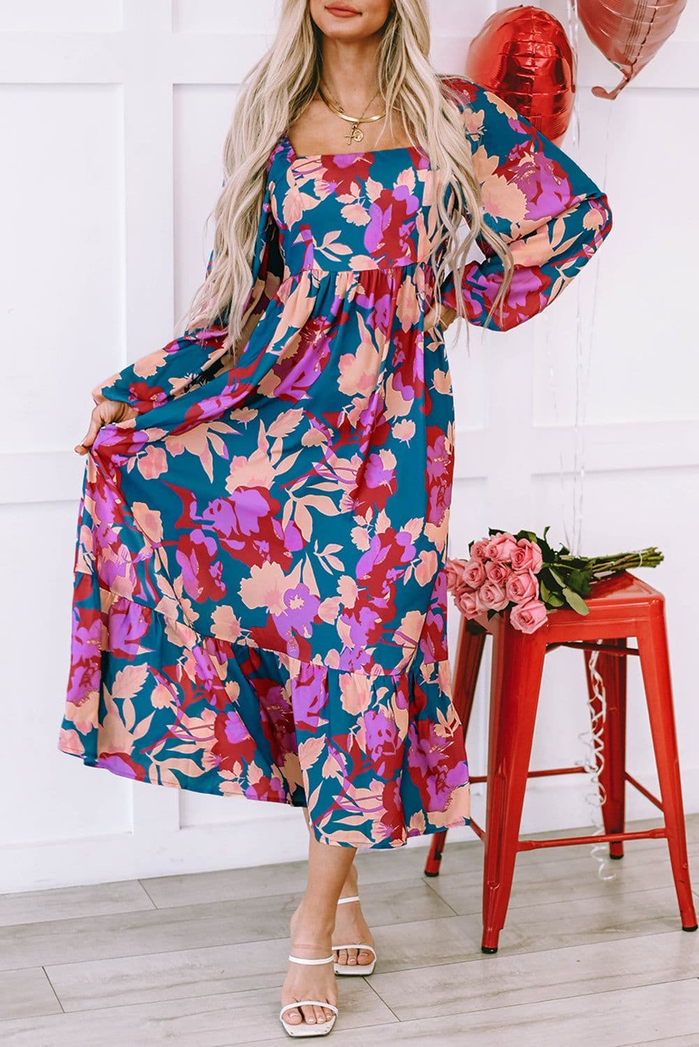 image-Multicolour Floral Print Square Neck Ruffled High Waist Dress