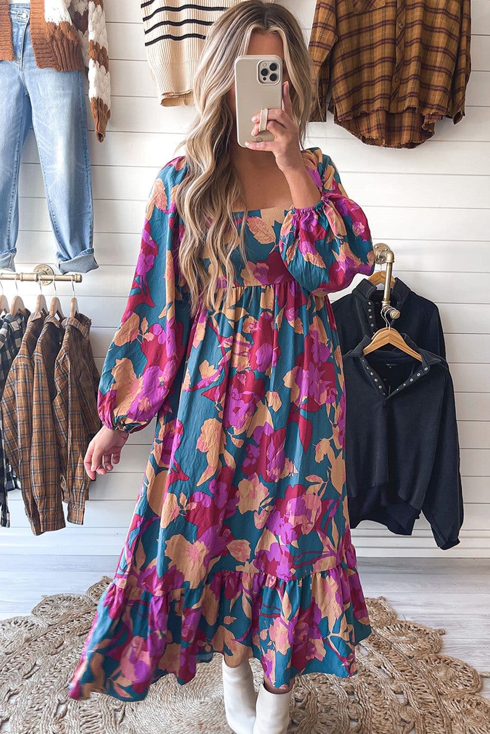 image-Multicolour Floral Print Square Neck Ruffled High Waist Dress