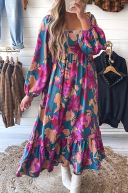 image-Multicolour Floral Print Square Neck Ruffled High Waist Dress