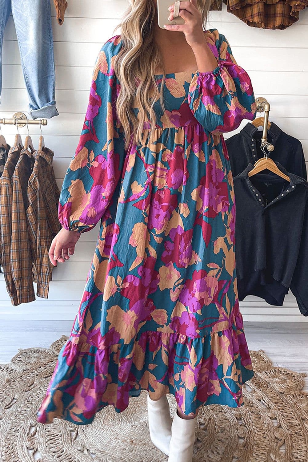 image-Multicolour Floral Print Square Neck Ruffled High Waist Dress