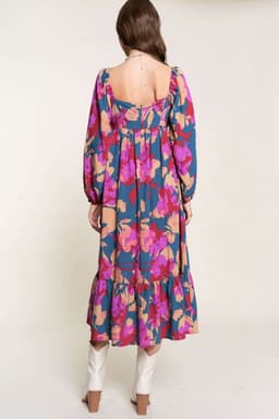 image-Multicolour Floral Print Square Neck Ruffled High Waist Dress