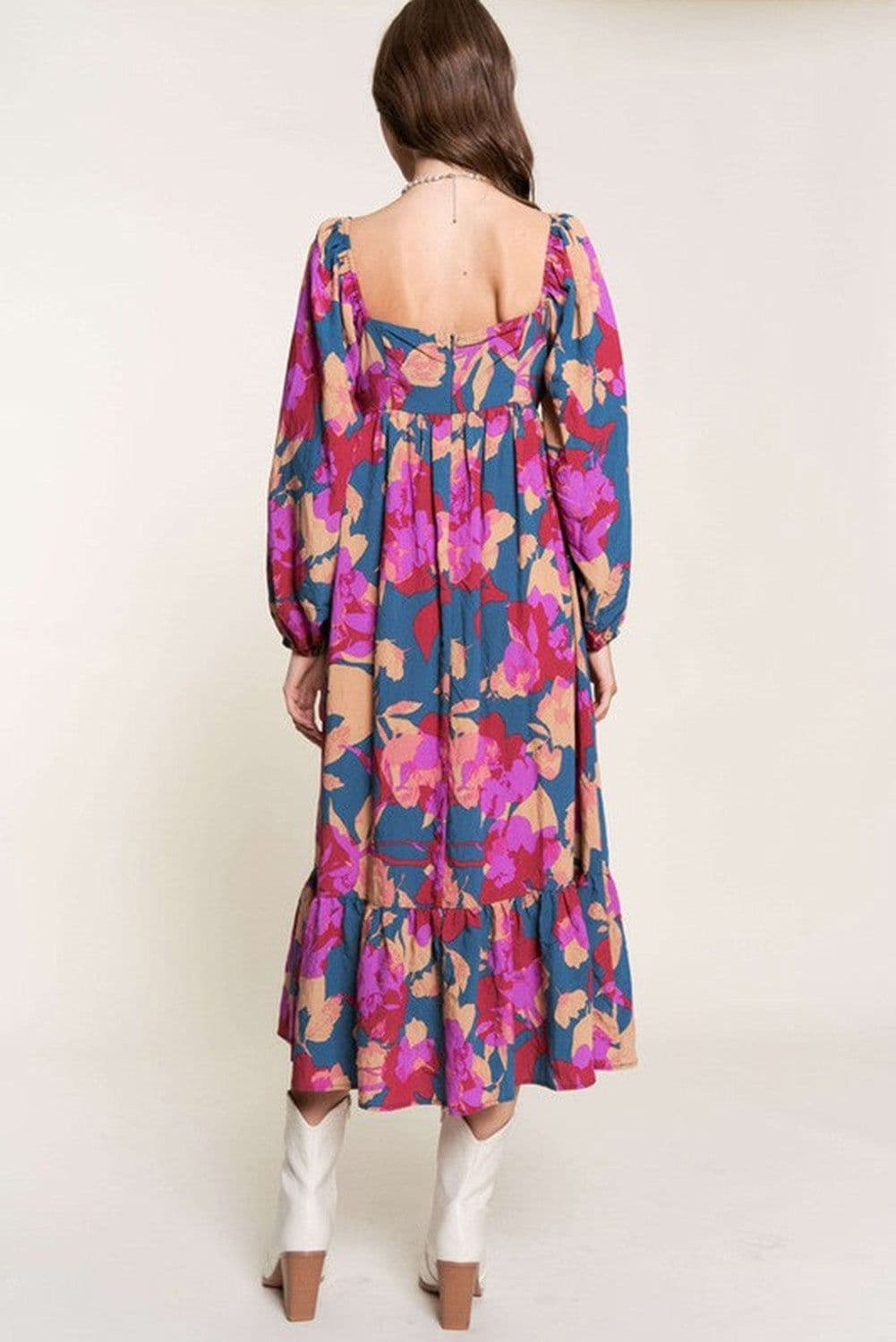 image-Multicolour Floral Print Square Neck Ruffled High Waist Dress