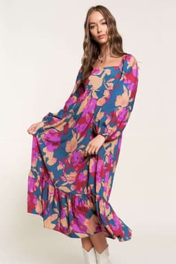 image-Multicolour Floral Print Square Neck Ruffled High Waist Dress