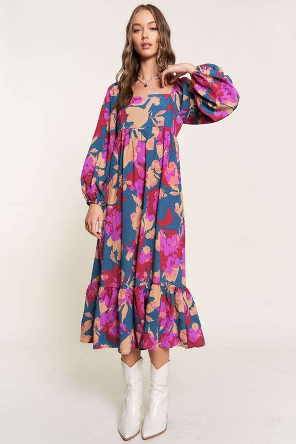 image-Multicolour Floral Print Square Neck Ruffled High Waist Dress
