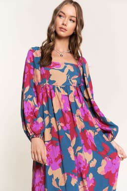 image-Multicolour Floral Print Square Neck Ruffled High Waist Dress