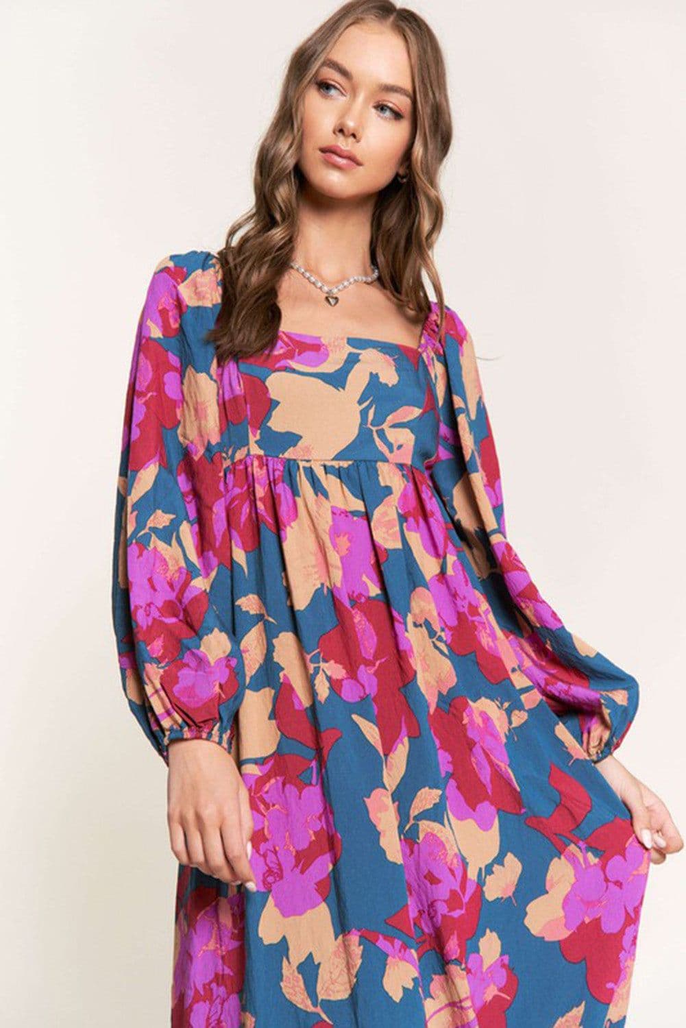 image-Multicolour Floral Print Square Neck Ruffled High Waist Dress