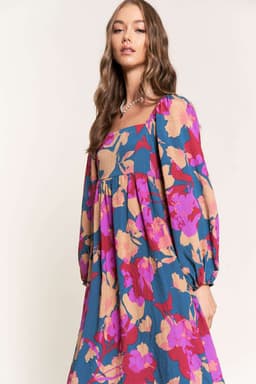 image-Multicolour Floral Print Square Neck Ruffled High Waist Dress