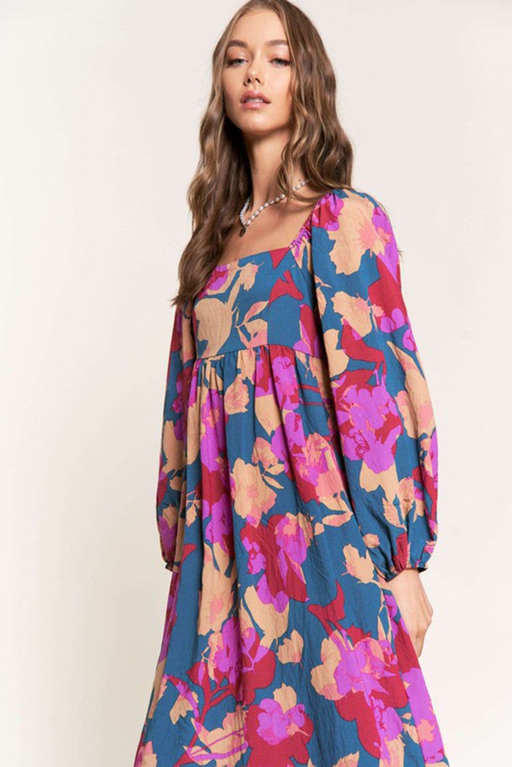image-Multicolour Floral Print Square Neck Ruffled High Waist Dress