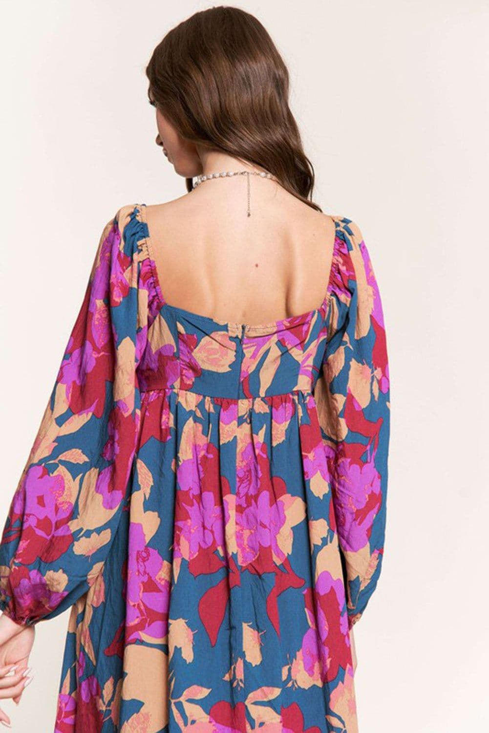 image-Multicolour Floral Print Square Neck Ruffled High Waist Dress
