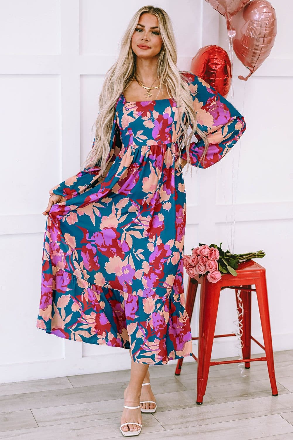 image-Multicolour Floral Print Square Neck Ruffled High Waist Dress