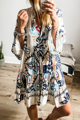 image-White Printed Tribal Print Bracelet Sleeve Buttoned Mini Dress