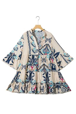 image-White Printed Tribal Print Bracelet Sleeve Buttoned Mini Dress