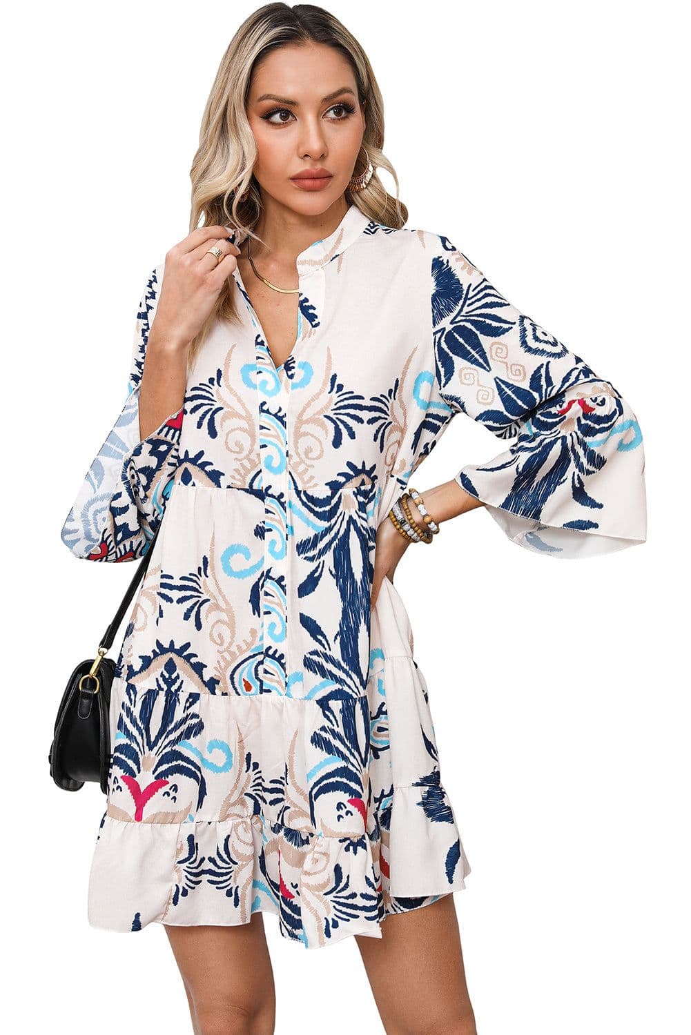 image-White Printed Tribal Print Bracelet Sleeve Buttoned Mini Dress