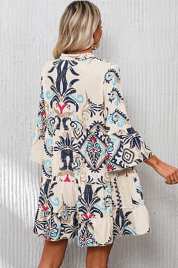 image-White Printed Tribal Print Bracelet Sleeve Buttoned Mini Dress