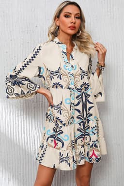image-White Printed Tribal Print Bracelet Sleeve Buttoned Mini Dress