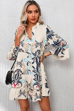 image-White Printed Tribal Print Bracelet Sleeve Buttoned Mini Dress