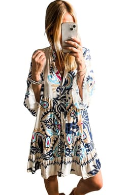 image-White Printed Tribal Print Bracelet Sleeve Buttoned Mini Dress