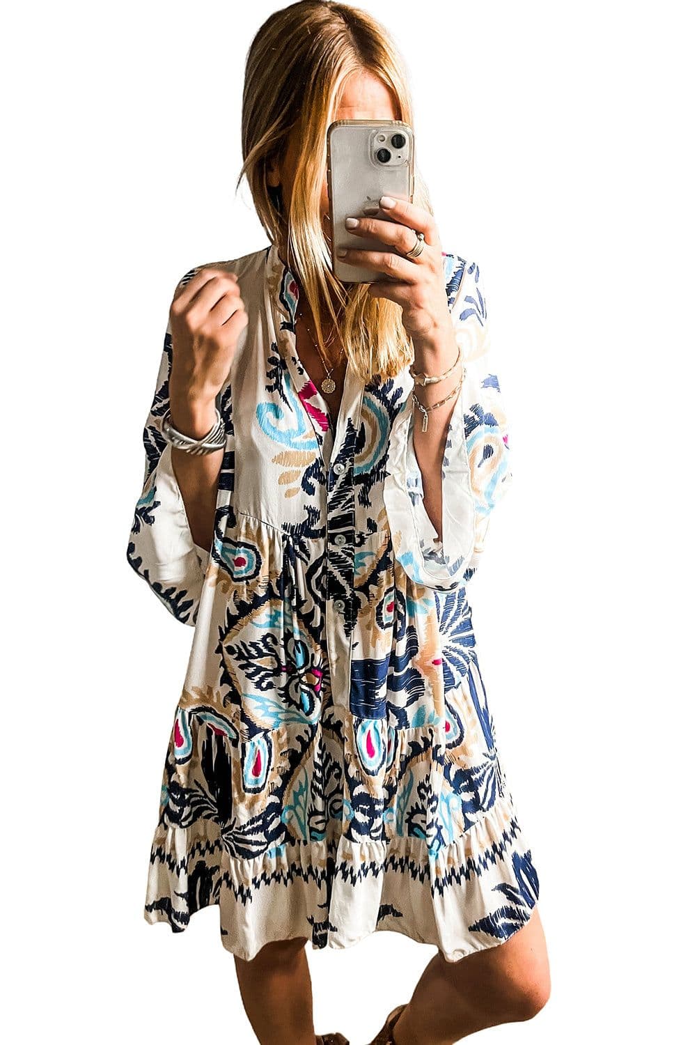 image-White Printed Tribal Print Bracelet Sleeve Buttoned Mini Dress
