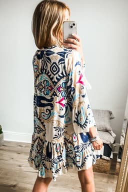 image-White Printed Tribal Print Bracelet Sleeve Buttoned Mini Dress